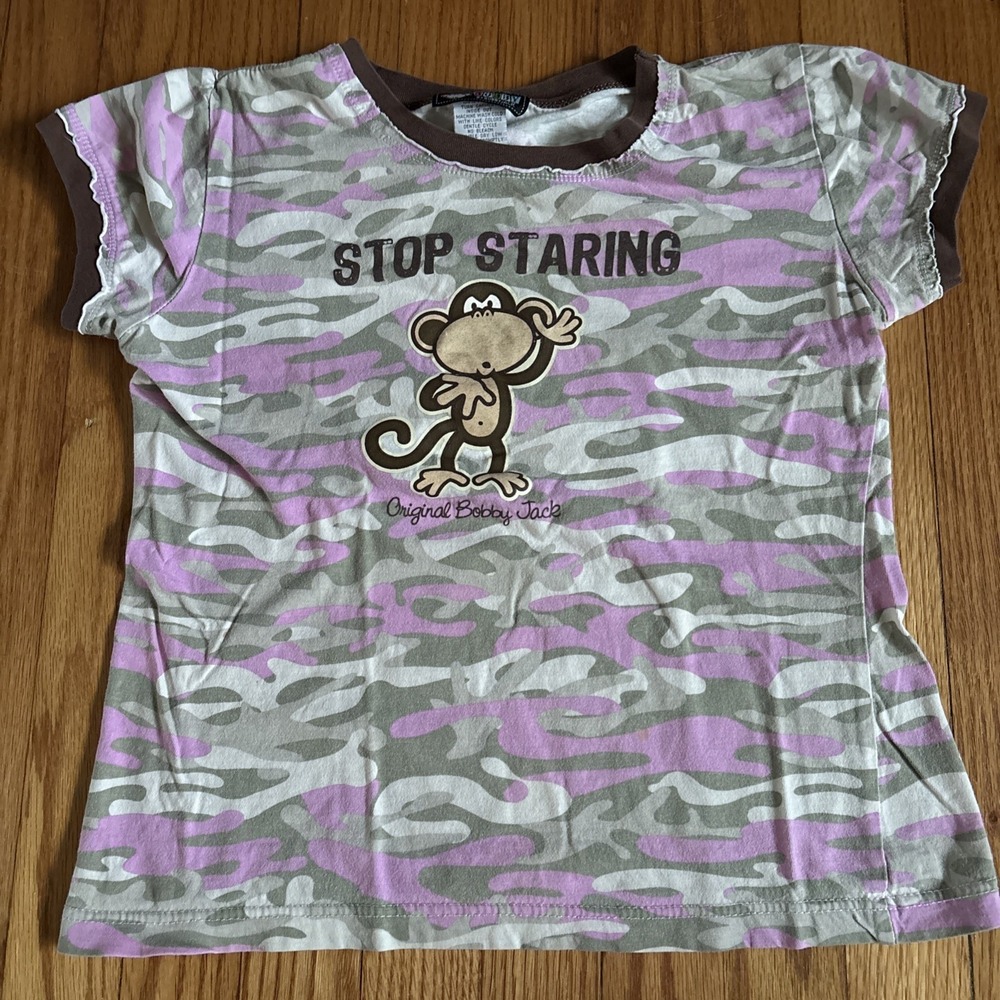 VINTAGE Y2k Bobby Jack Girls Purple Camouflage Graphic T-Shirt Size XL Back Hit